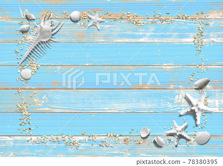 Blue wooden deck, white seashells, tropical frame 78380395