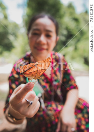 woman close up butterfly on hand 78381878