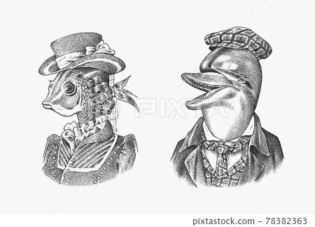 Fish woman and Dolphin man in hat and suit. Victorian lady. Marine mammal. Victorian gentleman 78382363