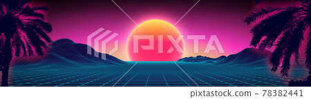 3d sunset on the beach. Retro palms vector sci fi background. Digital landscape cyber surface. 80s party background. 78382441