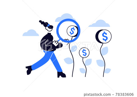 Woman with magnifier looking for money for donation Woman with magnifier looking for money for donation 78383606