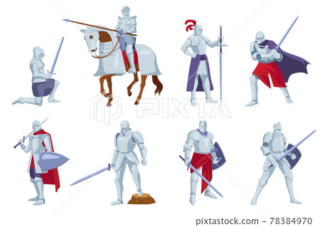 Set of armored knights with weapons in different angles, poses 78384970
