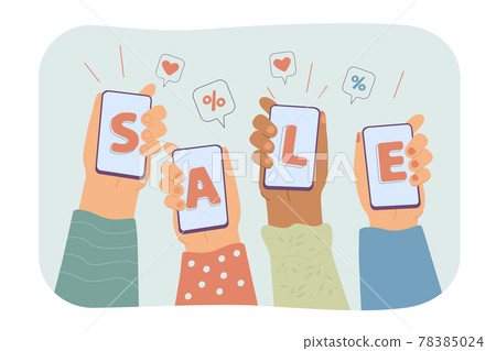 Human hands holding smartphones and showing sale 78385024