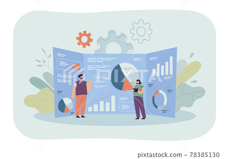 Cartoon tiny analysts and giant research dashboard with data 78385130