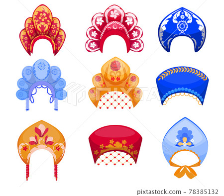 Cartoon set of kokoshniks, traditional Russian woman headdress 78385132
