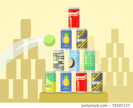 Cartoon pyramid of lemonade cans flat vector illustration Cartoon pyramid of lemonade cans flat vector illustration 78385137