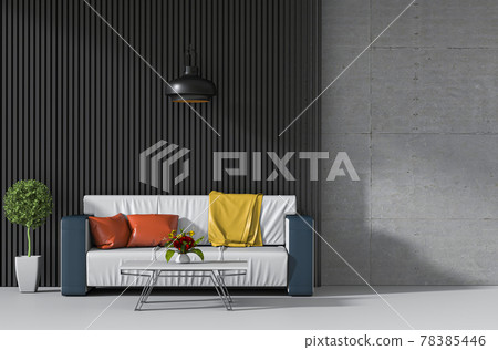interior living room wall concrete with sofa, plant, lamp, 3D render 78385446