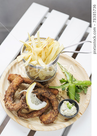 fried octpus rings calamari style with fries snack set fried octpus rings calamari style with fries snack set 78385736