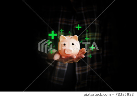 Piggy bank on woman's hand. Saving money concept. Piggy bank on woman's hand. Saving money concept. 78385958