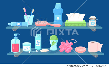 Set of cartoon hygiene care products flat vector illustration Set of cartoon hygiene care products flat vector illustration 78386284