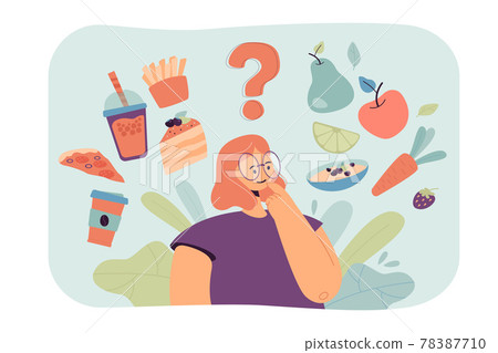 Woman thinking over healthy and unhealthy snacks choice 78387710