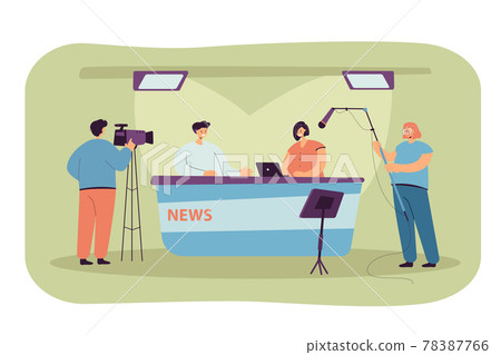 Two journalists sitting at desk on TV studio Two journalists sitting at desk on TV studio 78387766