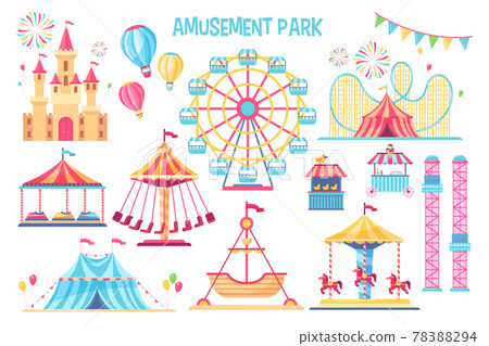 Colorful amusement park flat elements set - Stock Illustration ...