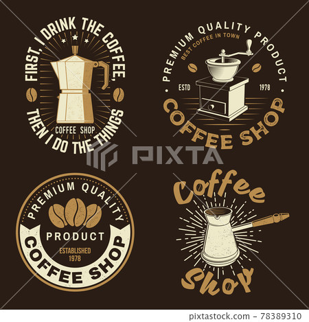 Set of Coffe shop logo, badge template. Vector . Typography design with coffee grinder silhouette. Template for menu for restaurant, cafe, bar, packaging 78389310