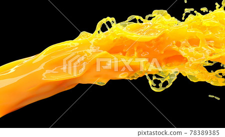 Beautiful orange juice jet stream Isolated black background Liquid splash super slow motion shot 1000fps 3d render 78389385