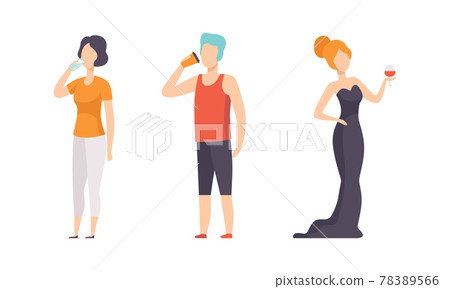 Set of People with Various Drinks, Male and Female Characters Drinking Coffee, Water and Wine Flat Vector Illustration 78389566