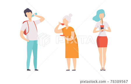 Set of People Drinking Various Drinks, Male and Female Characters with Tea, Water and Soda Drinks Flat Vector Illustration 78389567