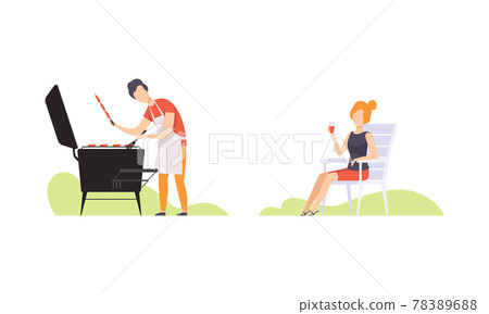 Family Having Picnic in Backyard or Park, Young Man Cooking Barbecue, woman Drinking Wine Flat Vector Illustration 78389688