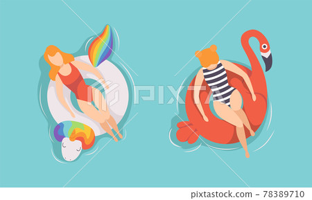 Top View of People Relaxing on Inflatable Swimming Pool Floats Set, Girl in Bikini Sunbathing on Inflatable Flamingo and Unicorn Flat Vector Illustration Top View of People Relaxing on Inflatable Swimming Pool Floats Set, Girl in Bikini Sunbathing on Inflatable Flamingo and Unicorn Flat Vector Illustration 78389710