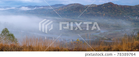 Morning fog on country foothills above Opir and Stryi rivers, and slopes of the Carpathian Mountains in far, Ukraine. 78389764