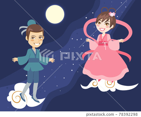 Tanabata couple Orihime and Hikoboshi on milky way background. Japanese or chinese summer festival celebration Tanabata couple Orihime and Hikoboshi on milky way background. Japanese or chinese summer festival celebration 78392298