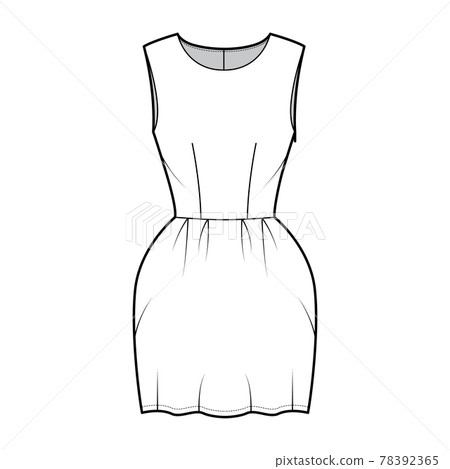 Dress bell technical fashion illustration with sleeveless, fitted body, mini length pencil skirt. Flat apparel front Dress bell technical fashion illustration with sleeveless, fitted body, mini length pencil skirt. Flat apparel front 78392365