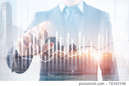 Histogram and lines economic chart instrument on modern metropolis Histogram and lines economic chart instrument on modern metropolis 78392596
