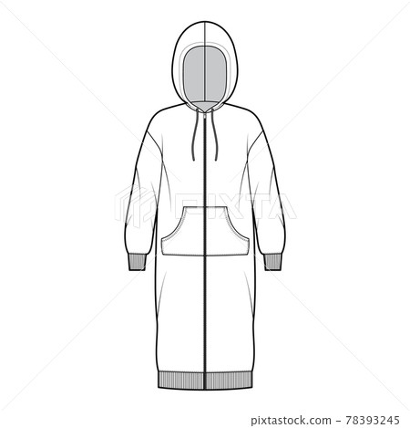Dress zip-up hoody technical fashion illustration with long sleeves, kangaroo pouch, rib cuff oversized, knee skirt Dress zip-up hoody technical fashion illustration with long sleeves, kangaroo pouch, rib cuff oversized, knee skirt 78393245