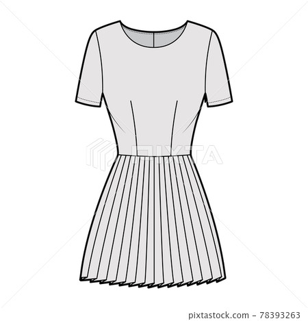 Dress pleated technical fashion illustration with short sleeves, fitted body, mini length skirt. Flat apparel front 78393263