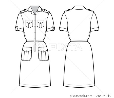 Dress safari technical fashion illustration with short sleeves, flap cargo pockets, epaulettes, fitted body, knee length Dress safari technical fashion illustration with short sleeves, flap cargo pockets, epaulettes, fitted body, knee length 78393919