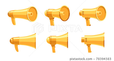 Gold multimedia megaphone loudspeaker isolated set 78394383