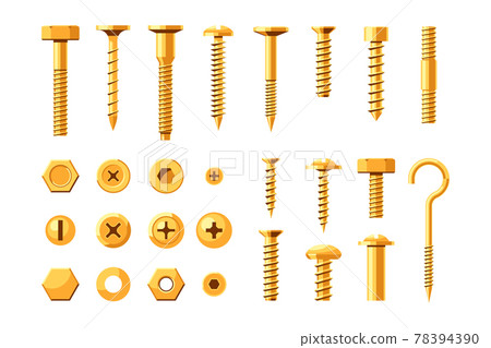 Construction gold screw hardware and metal hex cap nuts set Construction gold screw hardware and metal hex cap nuts set 78394390