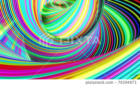 3d render. Abstract geometric bg with rings form complex twisted spiral and light effects. Rings flash neon multicolor lights. Neon ring bulbs for show or events, festivals or concerts 78394871