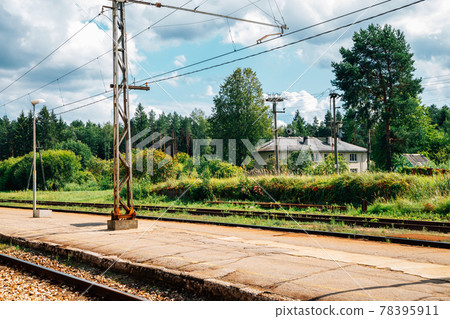 Kemeri railway station platform and countryside village in Latvia 78395911