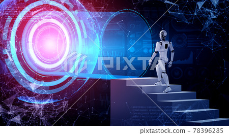 3D rendering robot humanoid walk up stair to success 3D rendering robot humanoid walk up stair to success 78396285
