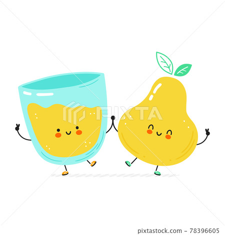 Cute happy pear and juice glass. Isolated on white background. Vector cartoon character hand drawn style illustration. Pear juice cartoon character concept Cute happy pear and juice glass. Isolated on white background. Vector cartoon character hand drawn style illustration. Pear juice cartoon character concept 78396605