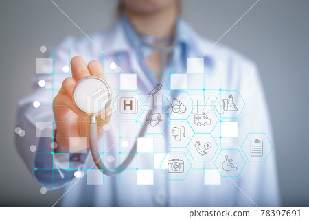 Doctor with stethoscope in hand and icon medical network connection on modern virtual screen interface. innovation and medical technology concept. 78397691