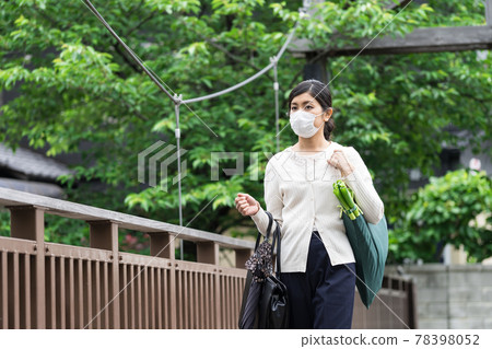 戴著面具，從肩上放下生態袋的女商人 78398052