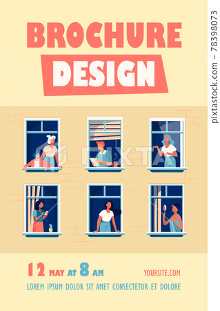 Apartment building with people in open window spaces Apartment building with people in open window spaces 78398073