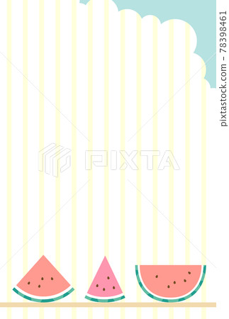 Illustration postcard of watermelons lined up in the blue sky and striped clouds Illustration postcard of watermelons lined up in the blue sky and striped clouds 78398461