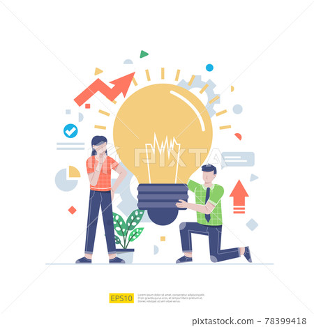 Startup employees teamwork. Business concept illustration of brainstorming, development, innovative, research discussion to each other. men and women scenes at office working with light bulb lamp Startup employees teamwork. Business concept illustration of brainstorming, development, innovative, research discussion to each other. men and women scenes at office working with light bulb lamp 78399418