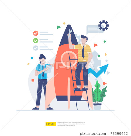 Startup employees teamwork. men and women scenes with spaceship for launching new business. illustration concept of development, brainstorming, innovation, marketing strategy and grow the idea 78399422
