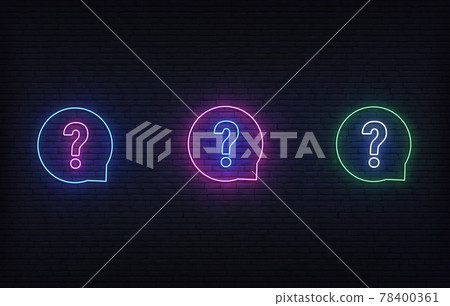 Question neon sign. Glowing neon quiz template signboard set Question neon sign. Glowing neon quiz template signboard set 78400361