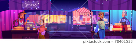 People visit night fair with outdoor wooden stalls People visit night fair with outdoor wooden stalls 78401533