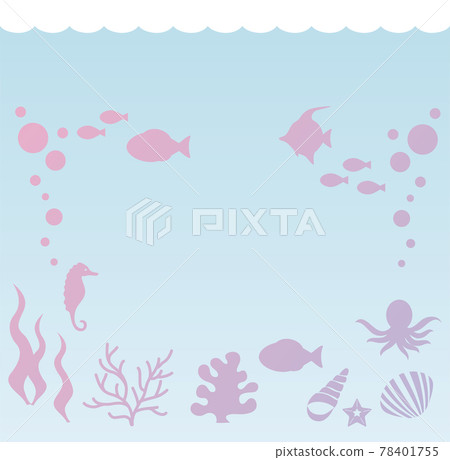 夏日大海剪影水下魚海藻框複製空間壁紙插畫背景素材 插圖素材 圖庫