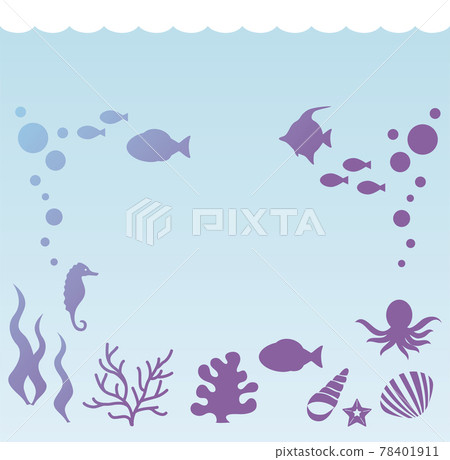 夏日大海剪影水下魚海藻框複製空間壁紙插畫背景素材 插圖素材 圖庫