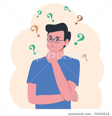 Portrait of young man woman. Boy with question mark in think bubble. People thinking or solving problem. Dilemma vector flat cartoon concept illustration. 78405018