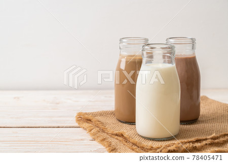 chocolate milk, coffee and fresh milk in bottle chocolate milk, coffee and fresh milk in bottle 78405471