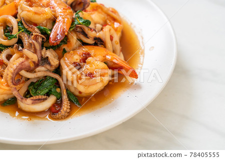 stir-fried seafood with Thai basil stir-fried seafood with Thai basil 78405555