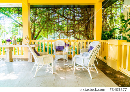 patio chair and table decoration on balcony 78405877